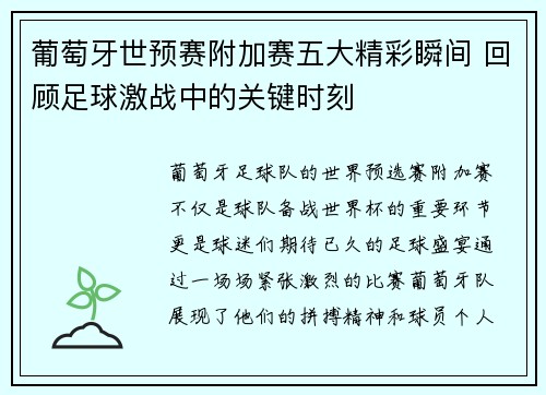 葡萄牙世预赛附加赛五大精彩瞬间 回顾足球激战中的关键时刻