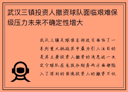 武汉三镇投资人撤资球队面临艰难保级压力未来不确定性增大 武汉三镇投资人撤资球队面临艰难保级压力未来不确定性增大